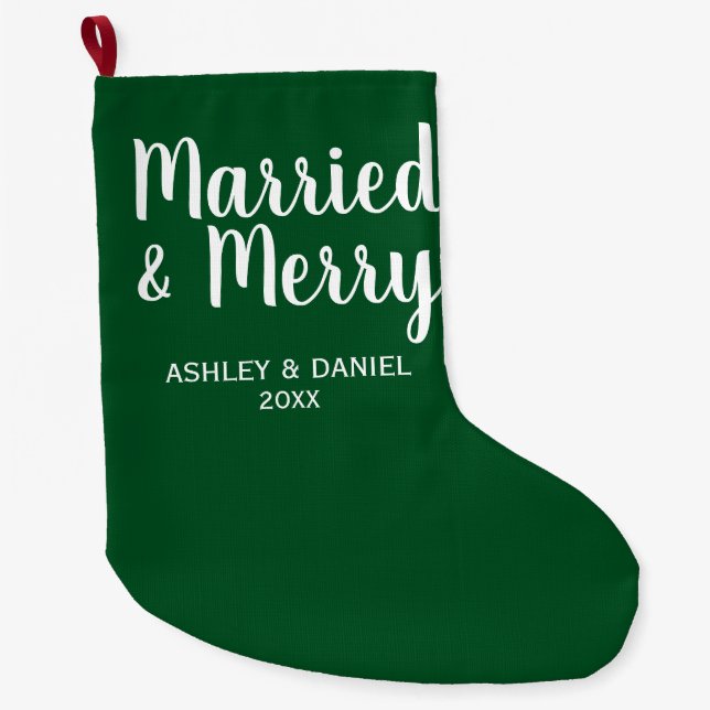 Married & Merry Newlywed Green Large Christmas Stocking (Front)