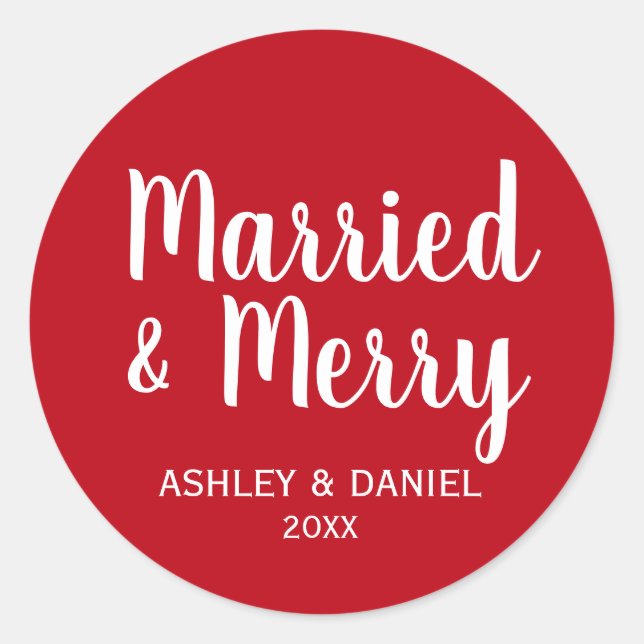 Married & Merry Newlywed Holiday Red Round Large Classic Round Sticker (Front)