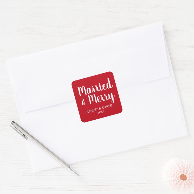 Married & Merry Newlywed Holiday Red Square Square Sticker (Envelope)