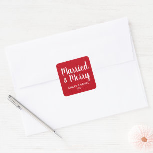 Married & Merry Newlywed Holiday Red Square Sticker