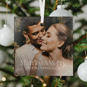 Married & Merry Newlywed Photo, Christmas Elegant Glass Tree Decoration