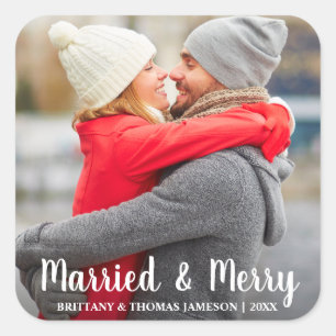 Married & Merry Newlywed Photo Holiday Square Sticker
