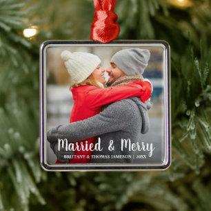 Married & Merry Newlywed Photo Metal Tree Decoration
