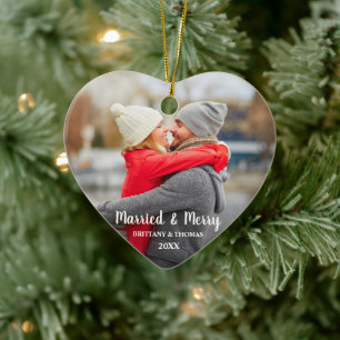 Married & Merry Newlywed Photo Red Back Ceramic Tree Decoration