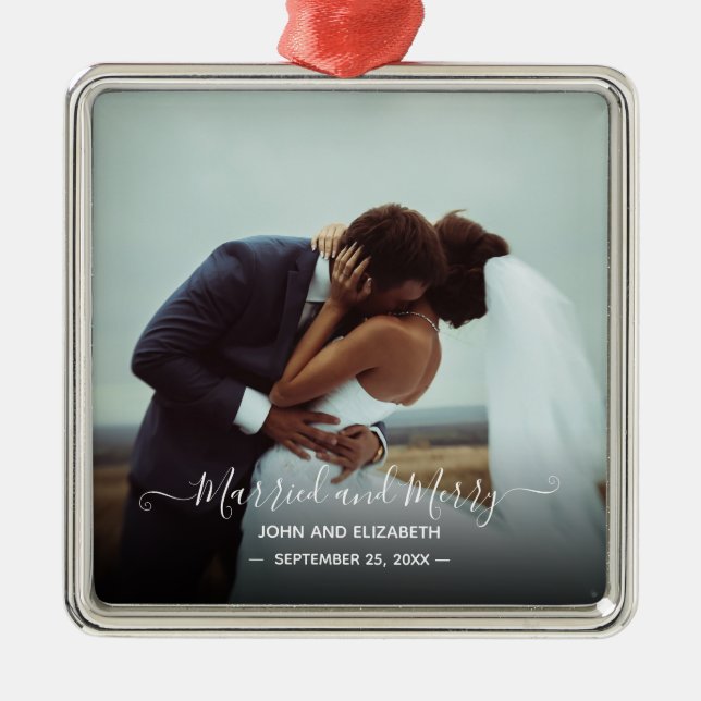 Married Merry Newlywed Photo Signature Script Metal Tree Decoration (Front)