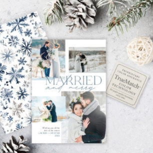 Married & Merry Newlywed Rustic Blue Photo Collage Holiday Card