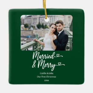 Married Merry Newlyweds 1st Christmas Green Photo Ceramic Ornament