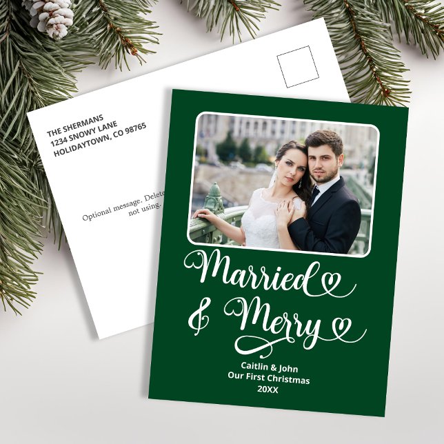 Married Merry Newlyweds 1st Christmas Green Photo Holiday Postcard (Married and Merry Photo Christmas Postcard in Green and White.)