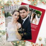 Married Merry Newlyweds 1st Christmas Photo Hearts Foil Holiday Card<br><div class="desc">This Married and Merry Our First Christmas custom 2-photo gold foil greeting card with hearts is the perfect way to celebrate a newlywed couple's first Christmas, with its clean and modern font and classic holiday colours, room for two photos, as well as a personalised message on a red background on...</div>