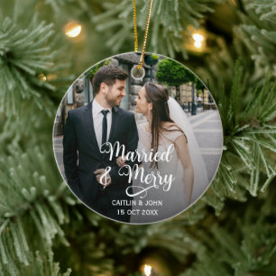Married Merry Newlyweds 1st Christmas Photo Round Ceramic Tree Decoration