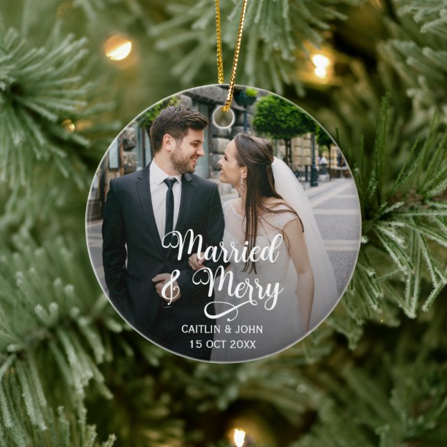 Married Merry Newlyweds 1st Christmas Photo Round Ceramic Tree Decoration (Tree)