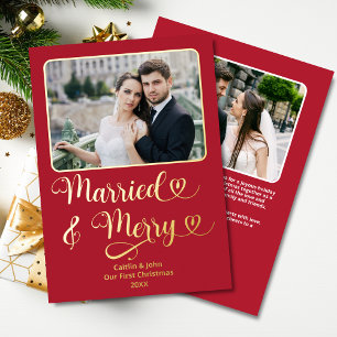 Married Merry Newlyweds 1st Christmas Red Hearts Foil Holiday Card