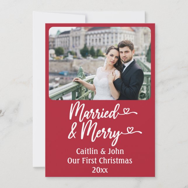 Married Merry Newlyweds Custom Red First Christmas Holiday Card (Front)