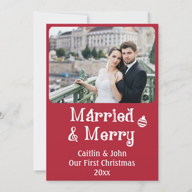 Married Merry Newlyweds First Christmas Custom Red Holiday Card (Front)