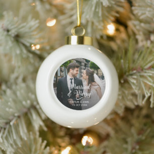 Married Merry Newlyweds First Christmas Photo Ceramic Ball Christmas Ornament