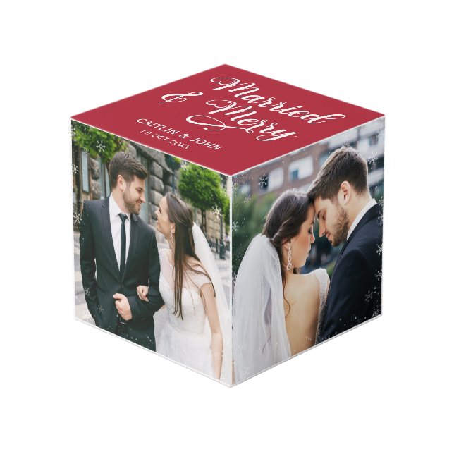 Married Merry Newlyweds First Christmas Photo Cube (Front Angled)