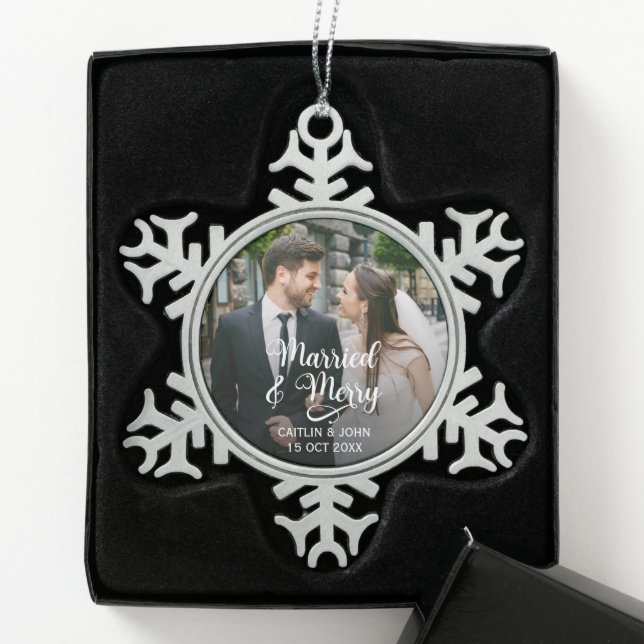 Married Merry Newlyweds First Christmas Photo Snowflake Pewter Christmas Ornament (Box)