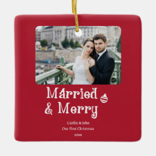 Married Merry Newlyweds First Christmas Red Photo Ceramic Ornament