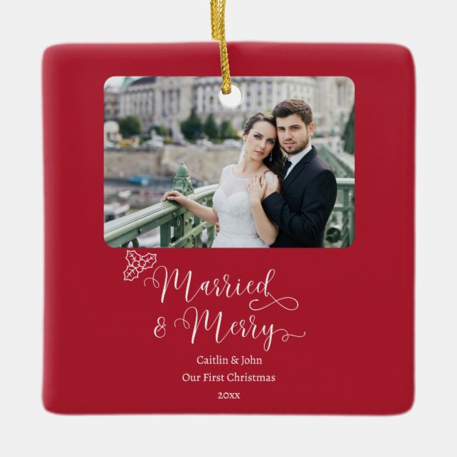 Married Merry Newlyweds First Christmas Red Photo Ceramic Ornament (Front)