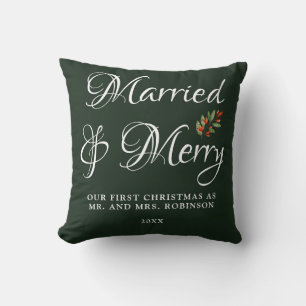 Married & Merry Our first Christmas Forest Green Cushion
