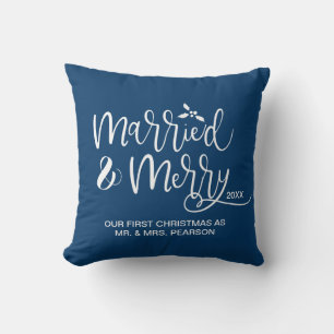 Married & Merry Our first Christmas Married Blue Cushion