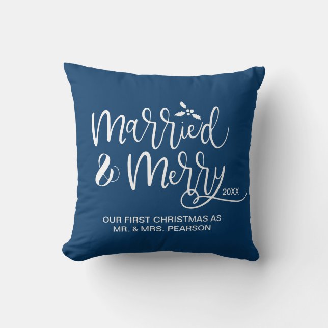 Married & Merry Our first Christmas Married Blue Cushion (Front)