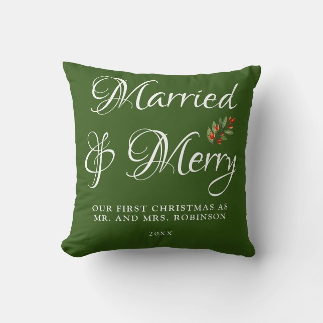Married & Merry Our first Christmas Married Green Cushion (Front)