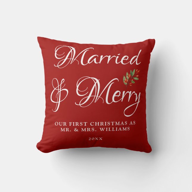 Married & Merry Our first Christmas Married Red  Cushion (Front)