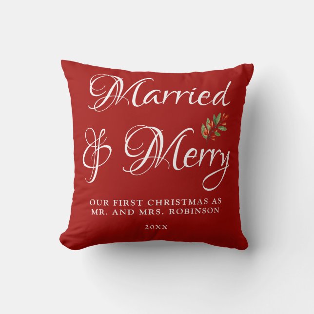 Married & Merry Our first Christmas Married Red  Cushion (Front)