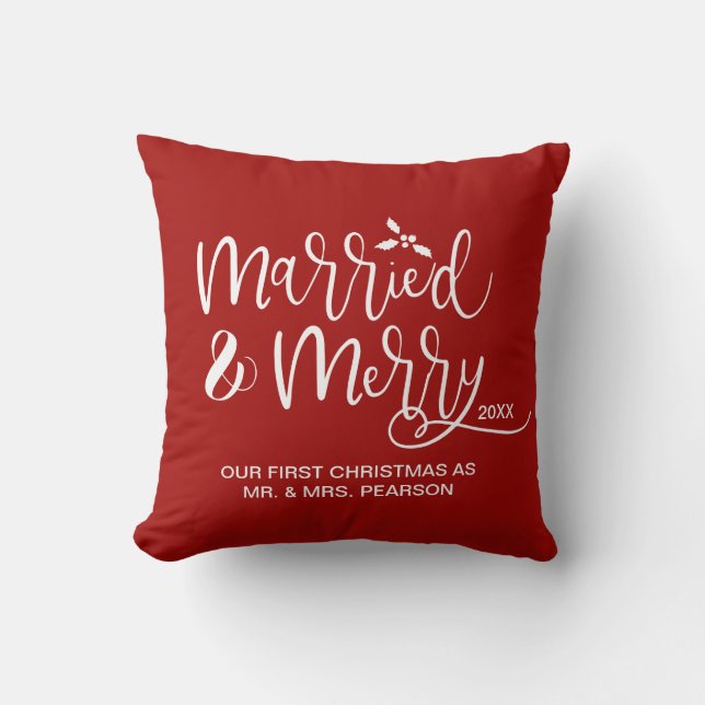 Married & Merry Our first Christmas Married Red Cushion (Front)