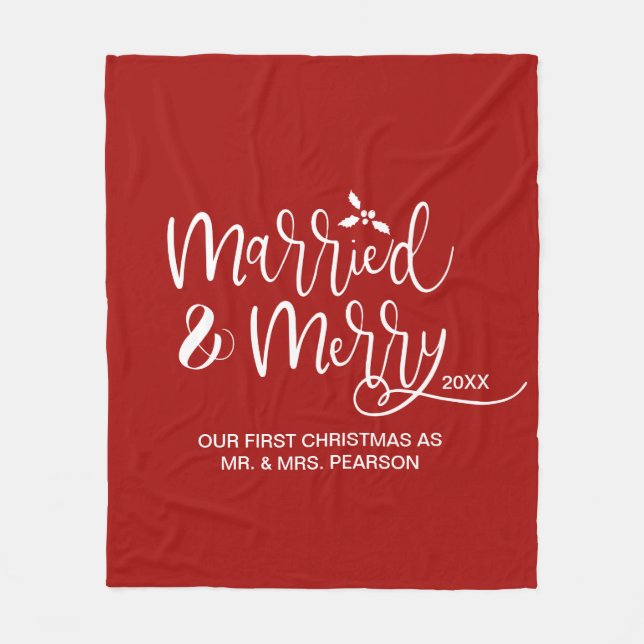 Married & Merry Our first Christmas Married Red Fleece Blanket (Front)