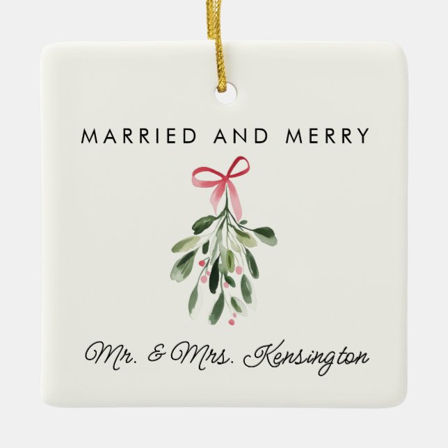 Married & Merry Personalised Newlywed Photo Ceramic Ornament (Front)