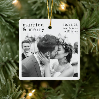 Married & Merry Photo, Names & Date Christmas Ceramic Ornament