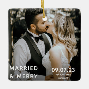 Married & Merry Photo, Names & Date Christmas Ceramic Ornament