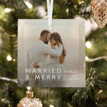Married & Merry Photo, Names & Date Christmas Glass Tree Decoration<br><div class="desc">Commemorate your marriage this year with this simple keepsake photo glass ornament. Featuring a photograph of the newlyweds,  the text 'MARRIED & MERRY',  the date of the wedding and name/s.</div>