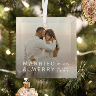 Married & Merry Photo, Names & Date Christmas Glass Tree Decoration