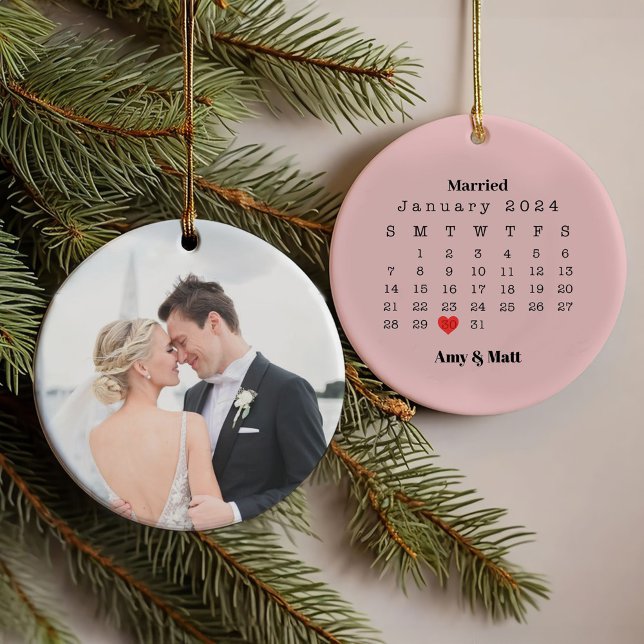Married & Merry Photo, Names & Date Christmas Ornament (Creator Uploaded)