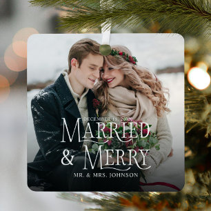 Married & Merry Photo Newlywed Christmas Metal Tree Decoration