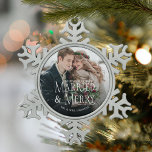 Married & Merry Photo Newlywed Christmas Snowflake Pewter Christmas Ornament<br><div class="desc">Celebrate your first Christmas and Mr. and Mrs, with a unique Married & Merry Photo Metal Ornament. This ornament features a sleek, minimalist design that perfectly captures the essence of your wedding day. Make your holiday decorations stand out from the rest with this one-of-a-kind ornament, featuring a photo of you...</div>