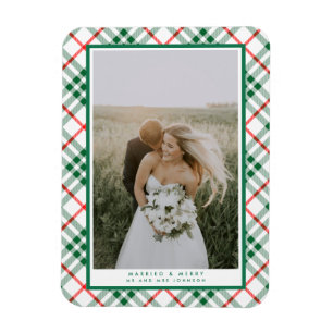 Married Merry Plaid Christmas Newlywed Photo Magnet