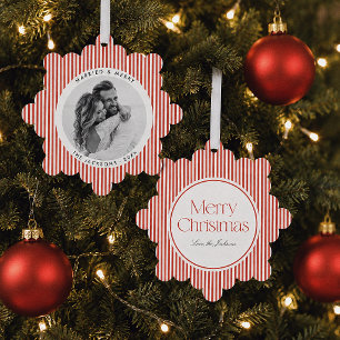 Married & Merry Preppy Red Stripe Christmas Photo Tree Decoration Card