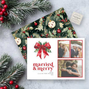 Married & Merry Red Bow Holly Newlywed 3 Photo Holiday Card