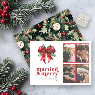 Married & Merry Red Bow Holly Newlywed 4 Photo Holiday Card