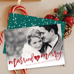Married & Merry Red Brush Script Photo Wedding Holiday Card