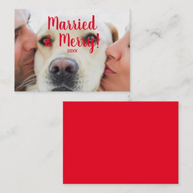Married & Merry red custom photo date Christmas  Card (Front/Back)
