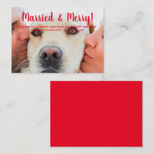 Married & Merry red custom photo text Christmas Card