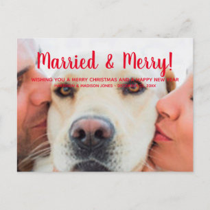 Married & Merry red custom photo text Christmas Postcard