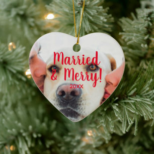 Married & Merry red heart custom photo Christmas Ceramic Tree Decoration