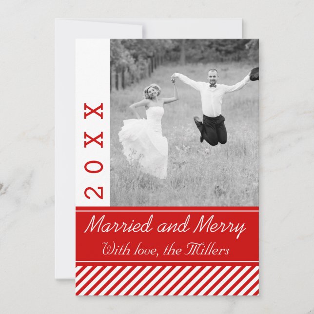 Married & Merry red, white stripes Christmas photo Holiday Card (Front)