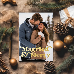 Married & Merry Retro Modern Typography 1 Photo Foil Holiday Card